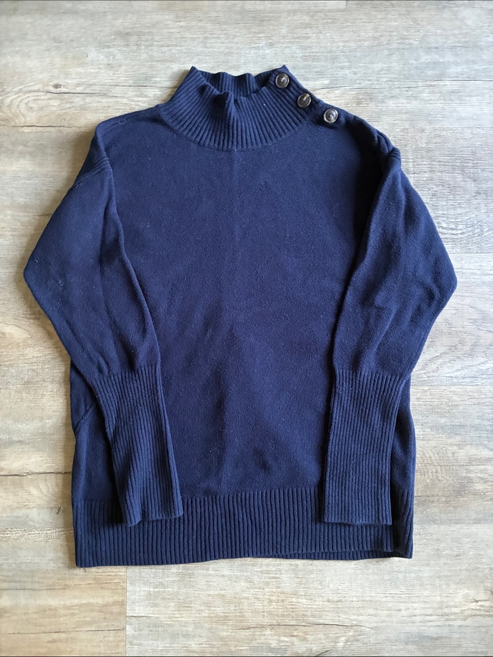 Talbots Navy Button-Shoulder Mock Neck Sweater